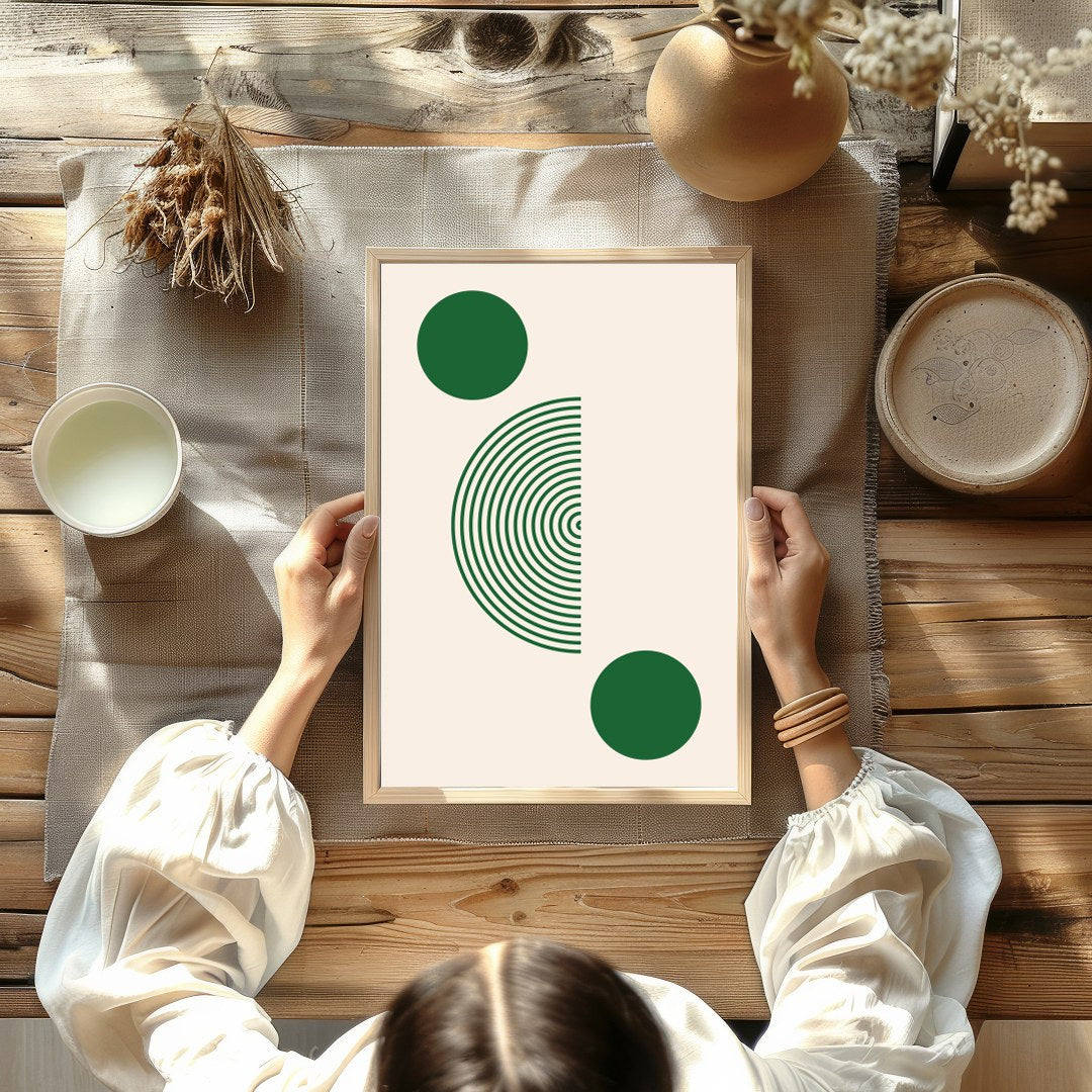 Elevate your space with this captivating geometric artwork featuring bold green circles and a half for Kitchen