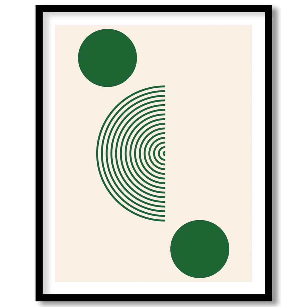 Elevate your space with this captivating geometric artwork featuring bold green circles and a half for space