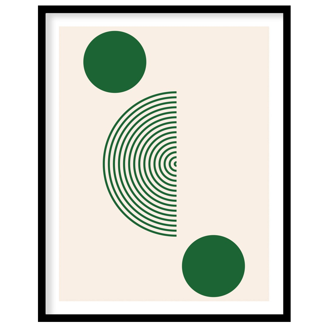 Elevate your space with this captivating geometric artwork featuring bold green circles and a half for space
