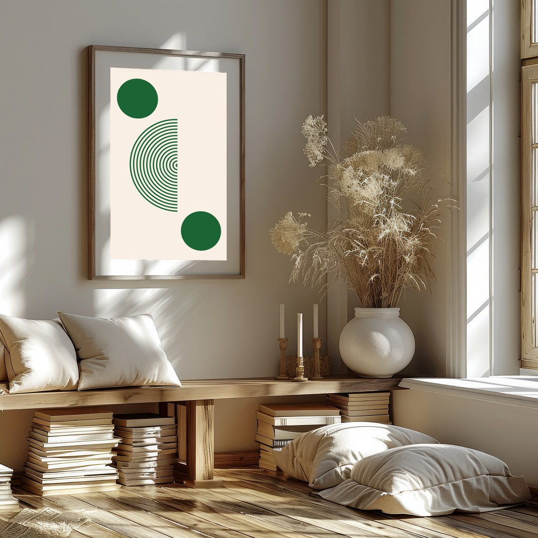 Elevate your space with this captivating geometric artwork featuring bold green circles and a half for sweet-home
