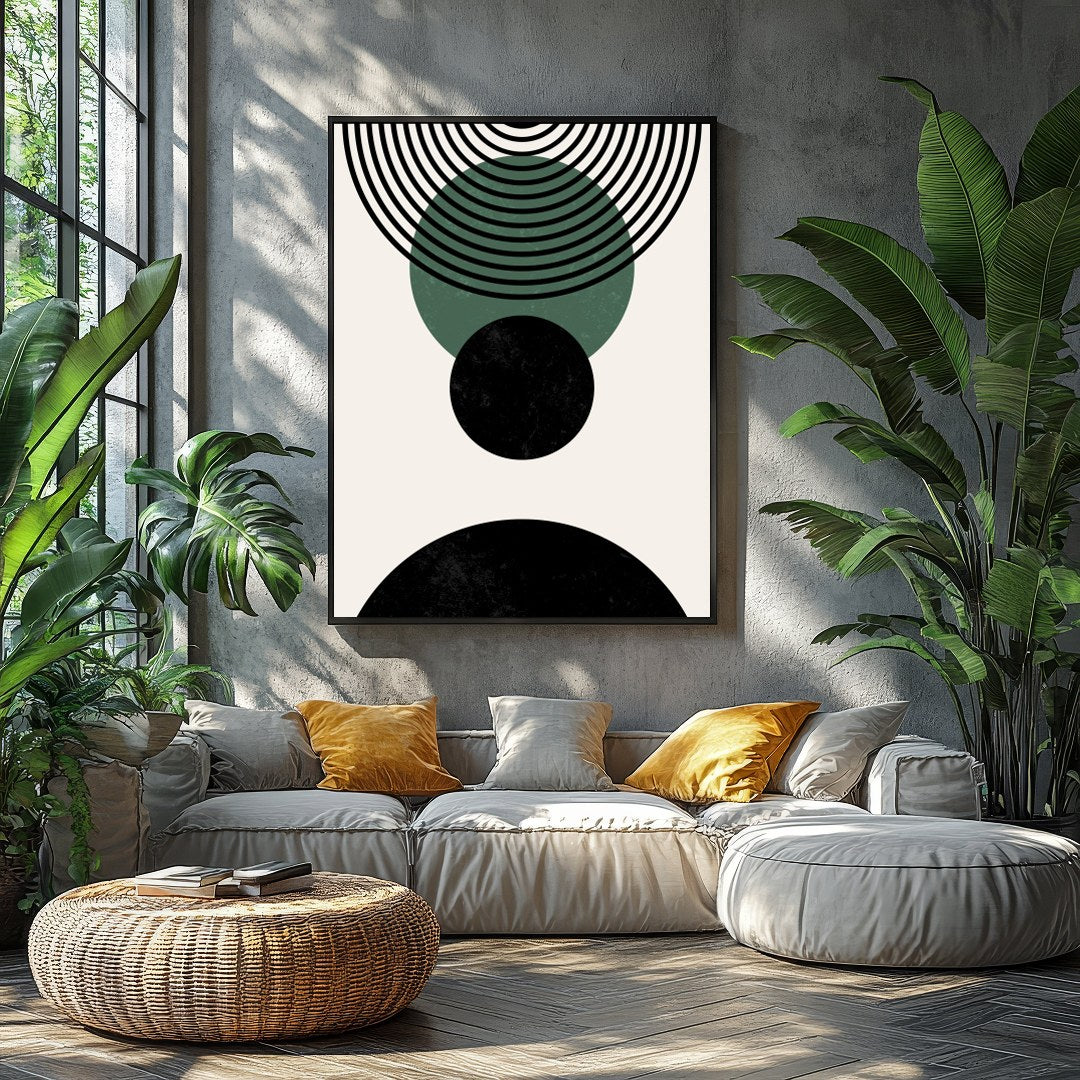 Elevate your space with this modern geometric abstraction, featuring bold circles and dynamic lines for Balcony
