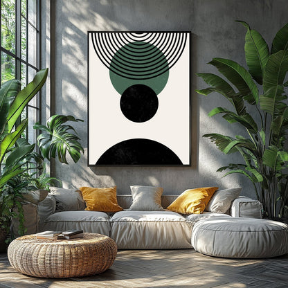 Elevate your space with this modern geometric abstraction, featuring bold circles and dynamic lines for Balcony