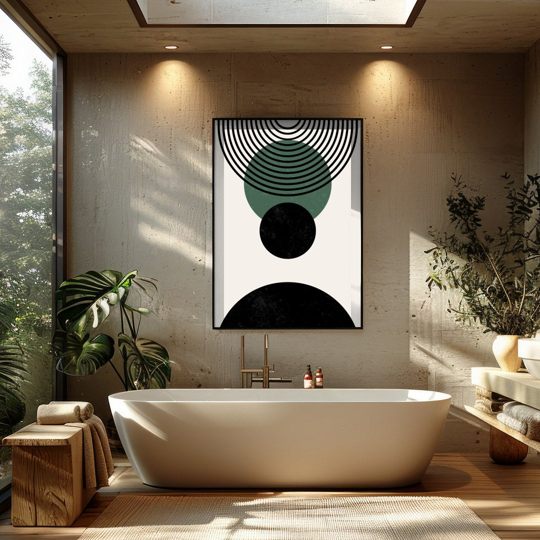 Elevate your space with this modern geometric abstraction, featuring bold circles and dynamic lines for Bathroom