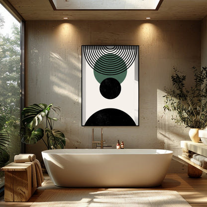 Elevate your space with this modern geometric abstraction, featuring bold circles and dynamic lines for Bathroom