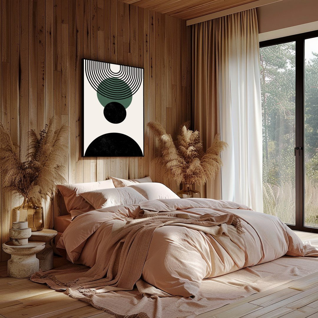 Elevate your space with this modern geometric abstraction, featuring bold circles and dynamic lines for Bedroom