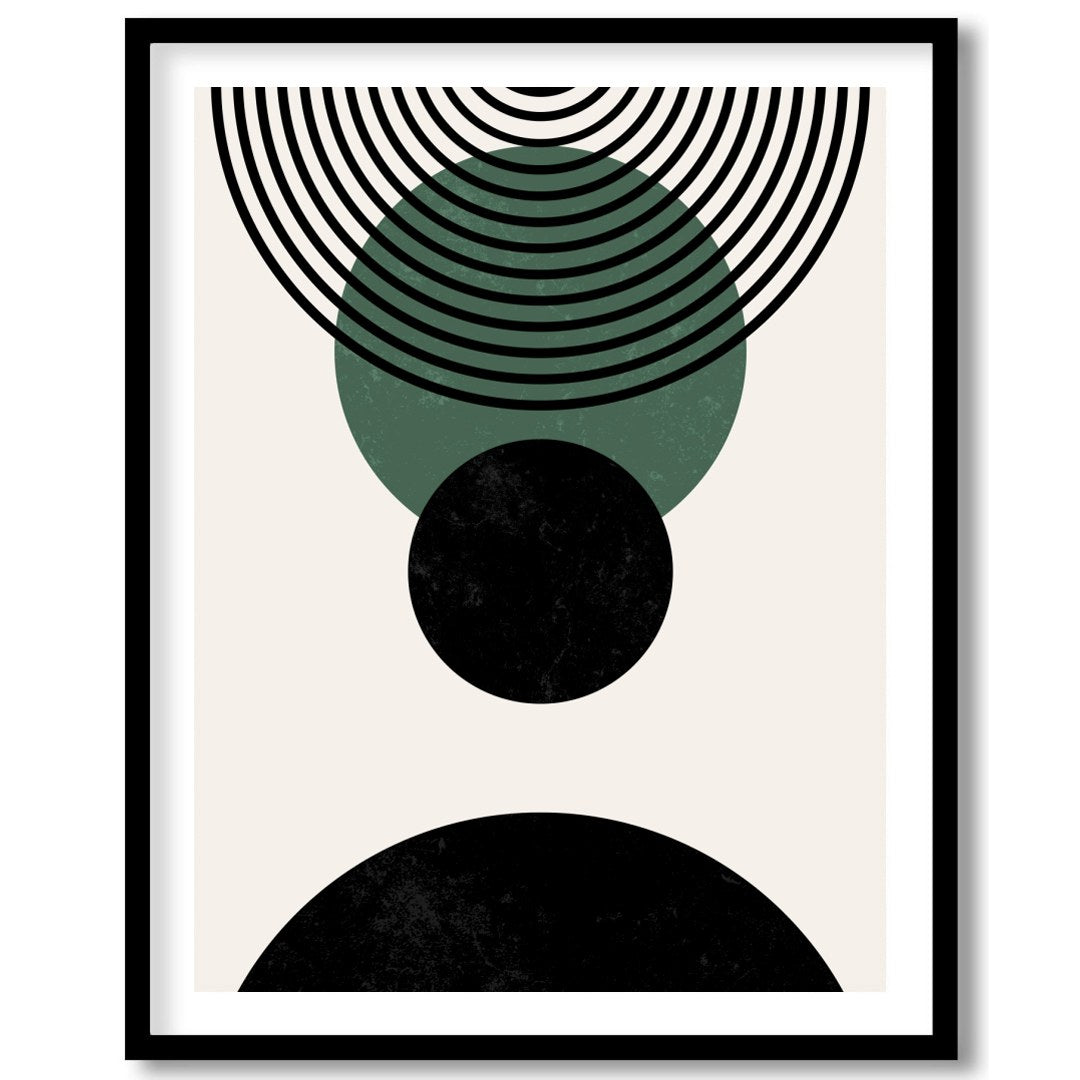Elevate your space with this modern geometric abstraction, featuring bold circles and dynamic lines for dwelling