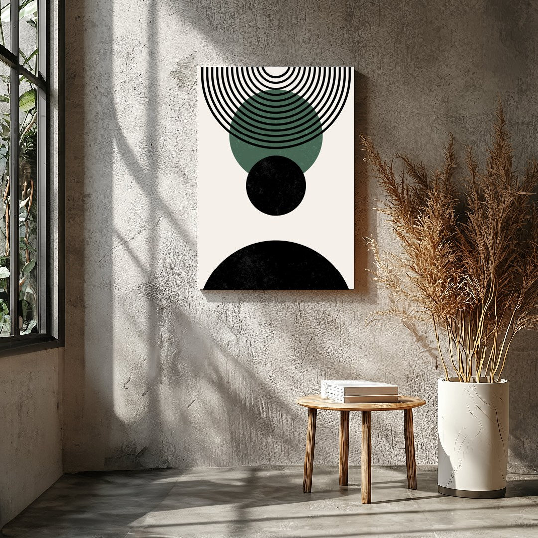 Elevate your space with this modern geometric abstraction, featuring bold circles and dynamic lines for Entrance