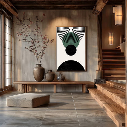 Elevate your space with this modern geometric abstraction, featuring bold circles and dynamic lines for Hall