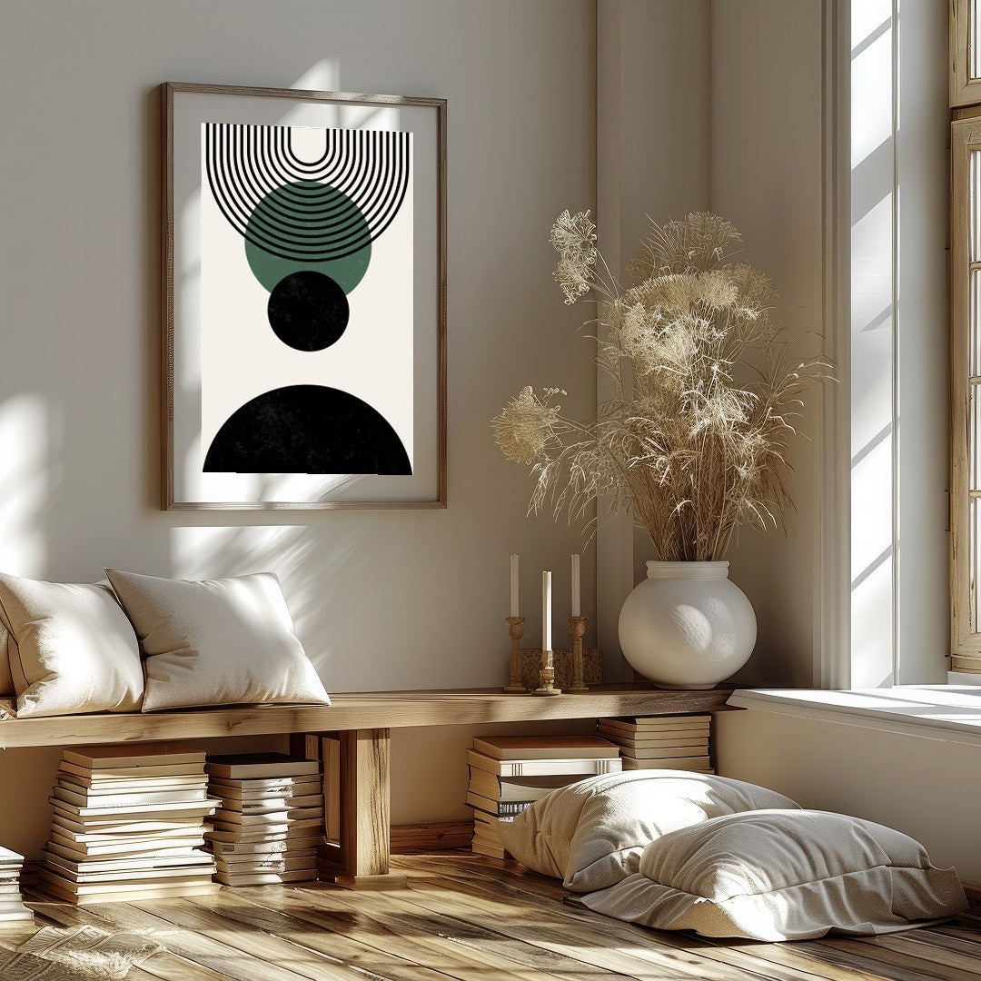 Elevate your space with this modern geometric abstraction, featuring bold circles and dynamic lines for house