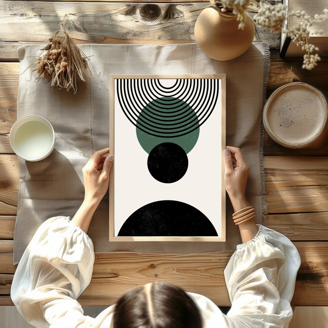 Elevate your space with this modern geometric abstraction, featuring bold circles and dynamic lines for Kitchen