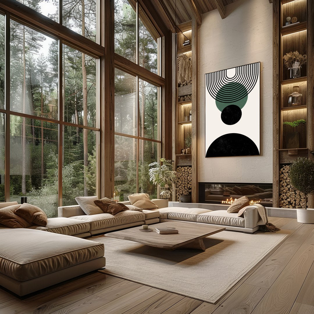 Elevate your space with this modern geometric abstraction, featuring bold circles and dynamic lines for Living Room