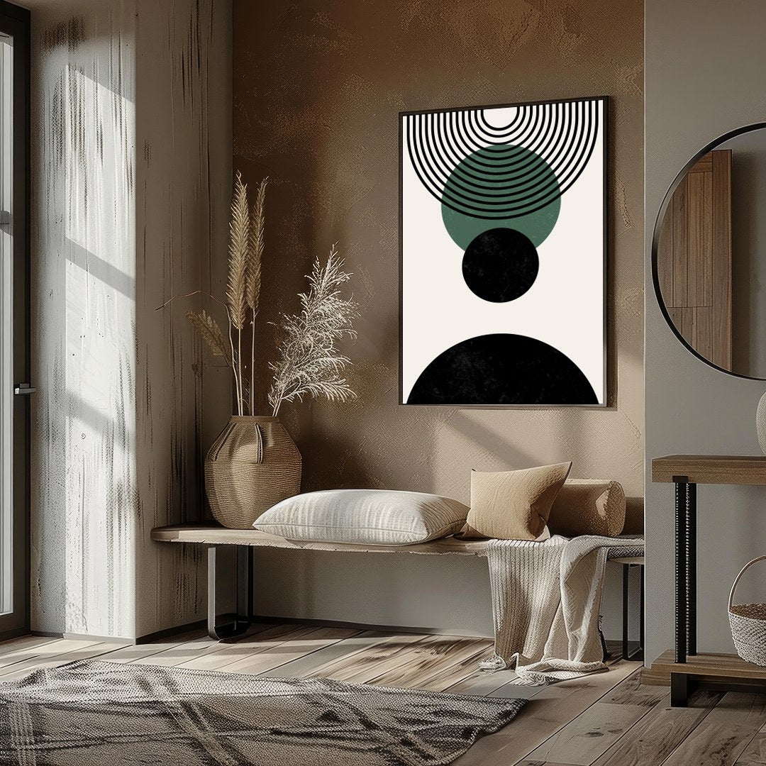 Elevate your space with this modern geometric abstraction, featuring bold circles and dynamic lines for place