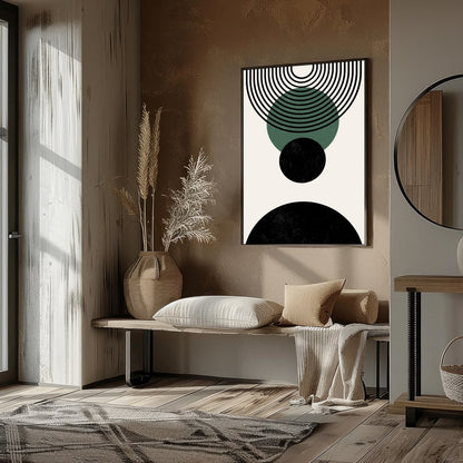 Elevate your space with this modern geometric abstraction, featuring bold circles and dynamic lines for place