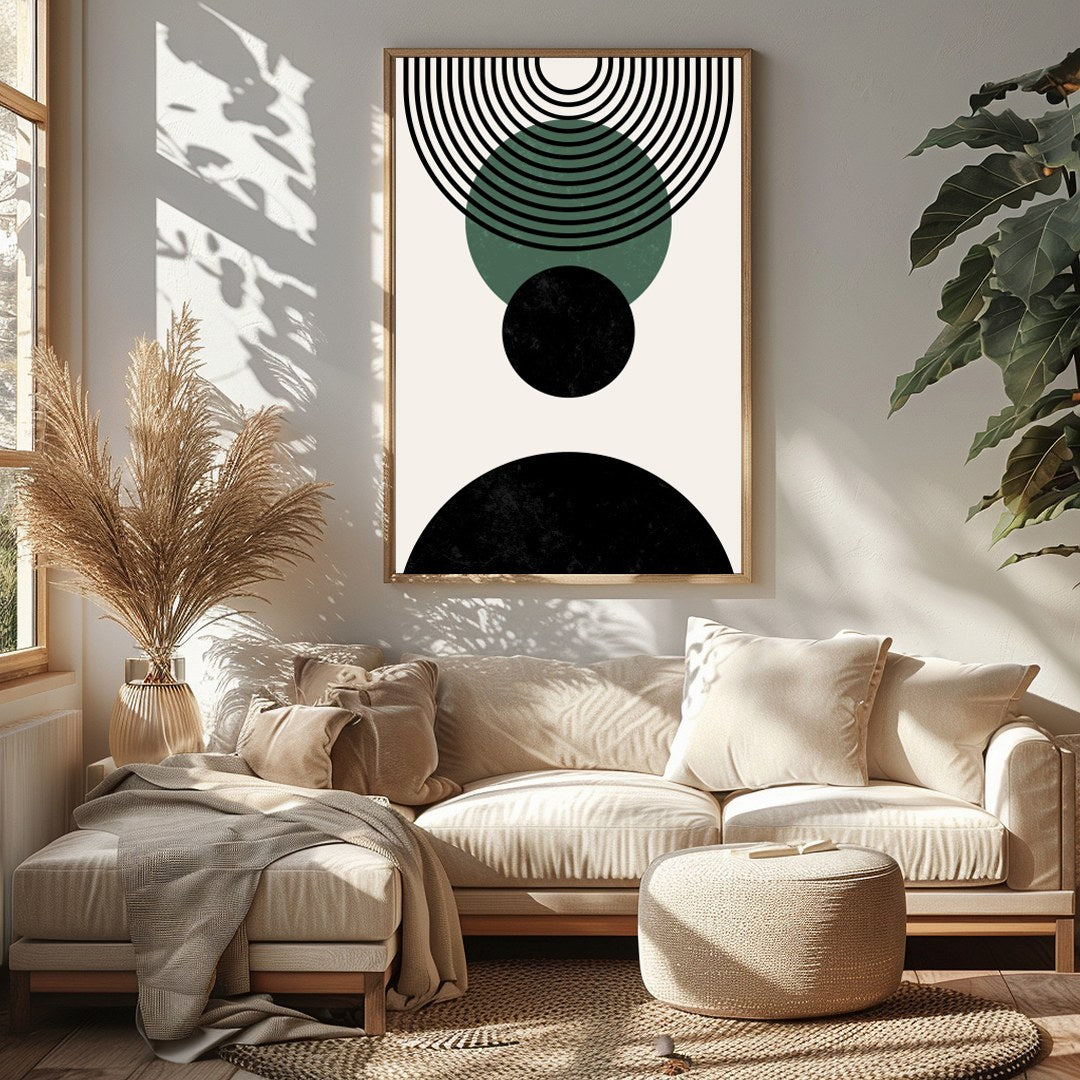 Elevate your space with this modern geometric abstraction, featuring bold circles and dynamic lines for Sitting Area