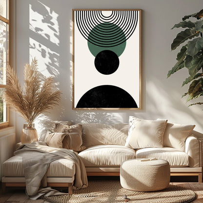 Elevate your space with this modern geometric abstraction, featuring bold circles and dynamic lines for Sitting Area