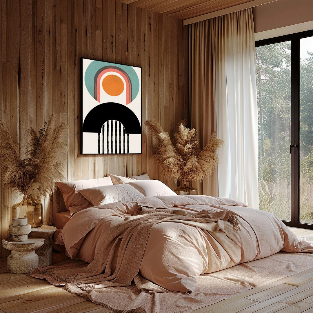 Elevate your space with 'Geometric Harmony,' a captivating blend of abstract shapes and bold for Bedroom