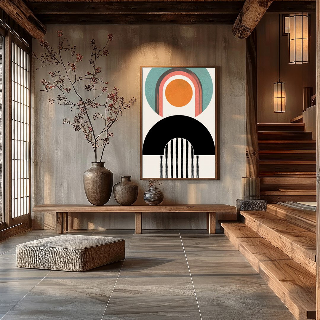Elevate your space with 'Geometric Harmony,' a captivating blend of abstract shapes and bold for Hall