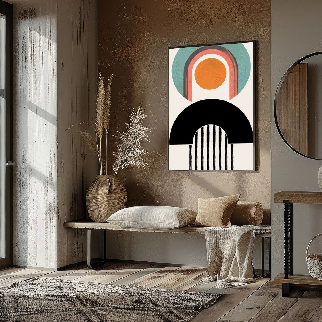 Elevate your space with 'Geometric Harmony,' a captivating blend of abstract shapes and bold for studio