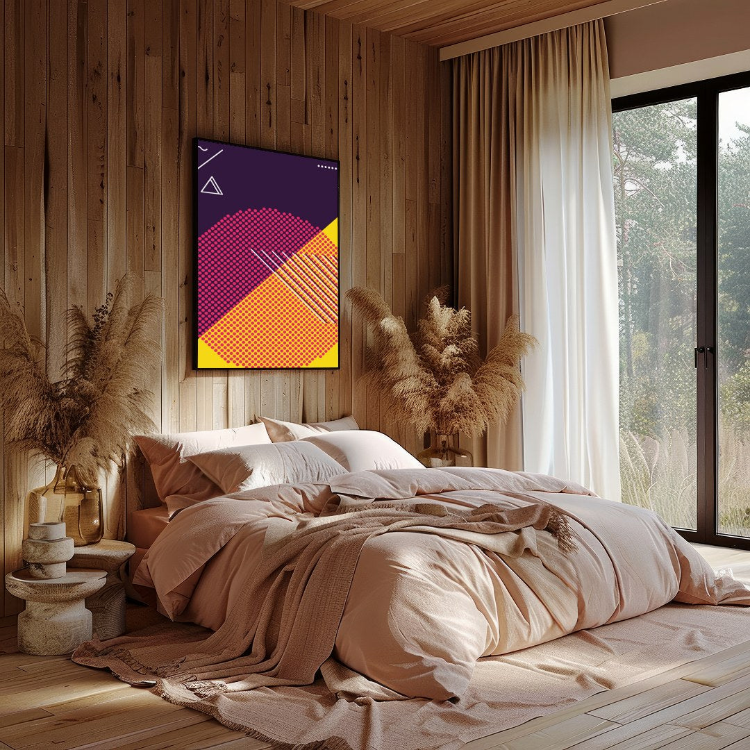 Explore the vibrant clash of hues and forms in this dynamic abstract piece. Featuring bold for Bedroom
