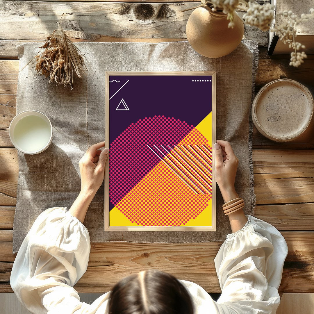 Explore the vibrant clash of hues and forms in this dynamic abstract piece. Featuring bold for decor