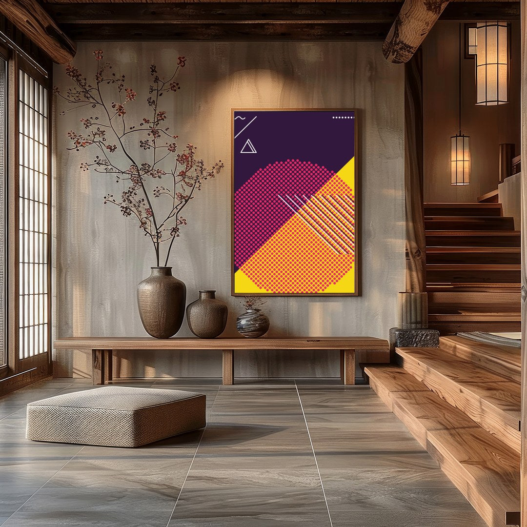 Explore the vibrant clash of hues and forms in this dynamic abstract piece. Featuring bold for Hall