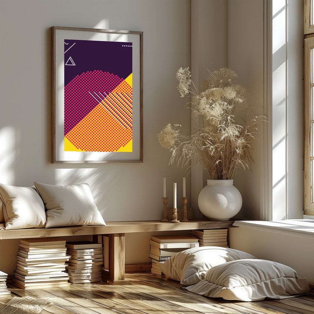 Explore the vibrant clash of hues and forms in this dynamic abstract piece. Featuring bold for kitchen