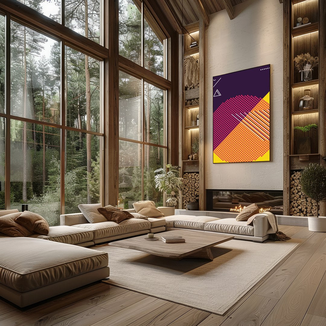 Explore the vibrant clash of hues and forms in this dynamic abstract piece. Featuring bold for Living Room
