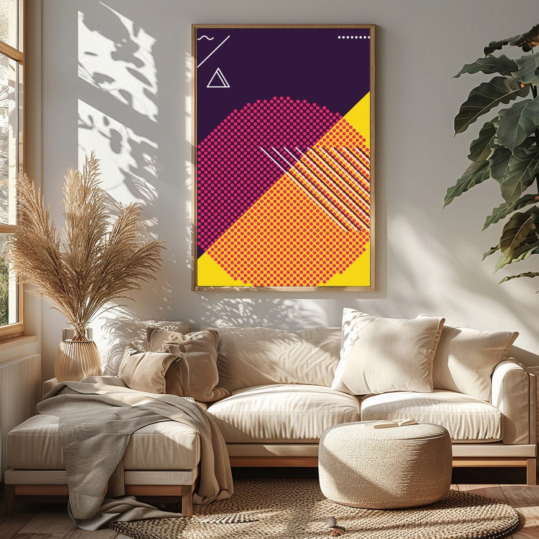 Explore the vibrant clash of hues and forms in this dynamic abstract piece. Featuring bold for Sitting Area
