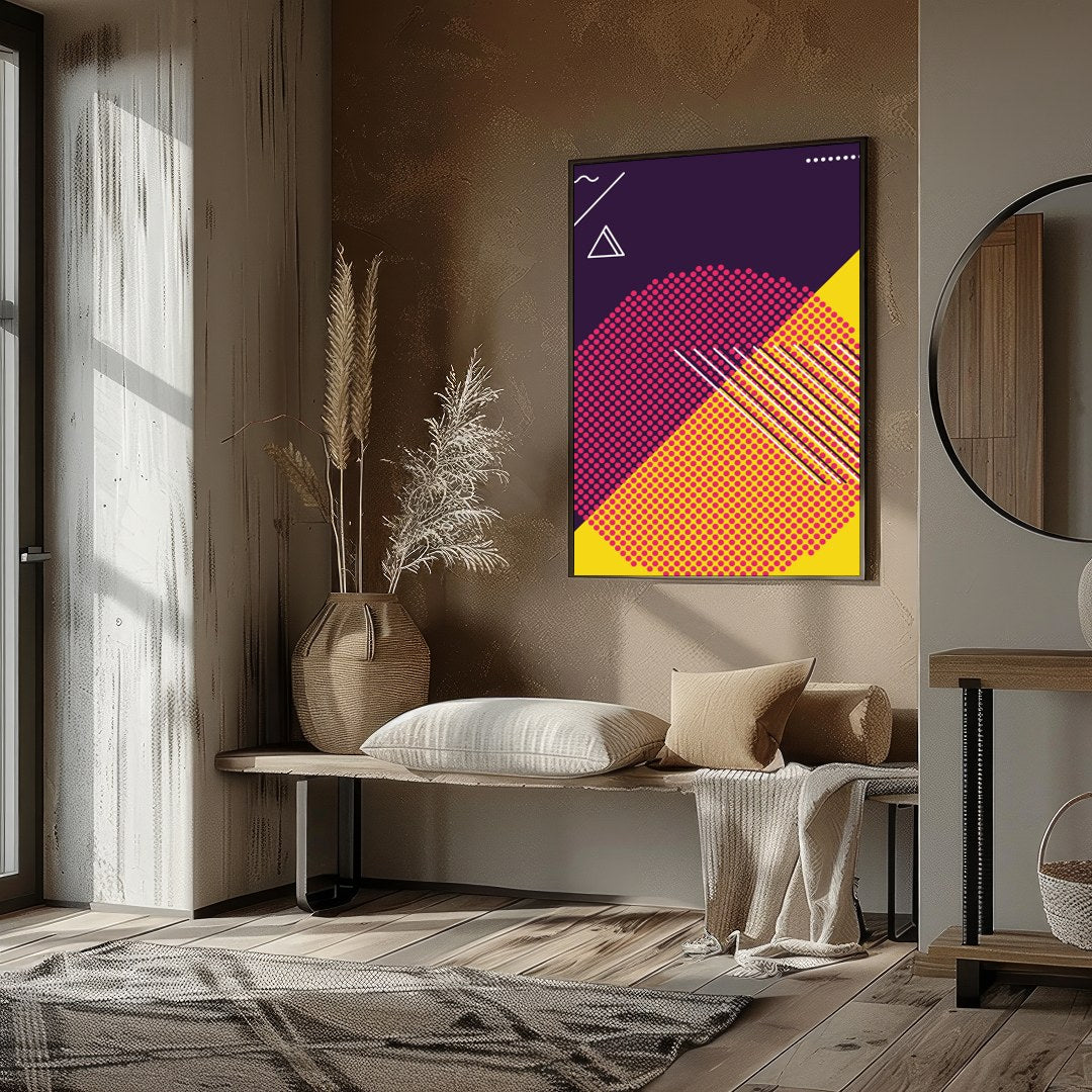 Explore the vibrant clash of hues and forms in this dynamic abstract piece. Featuring bold for studio