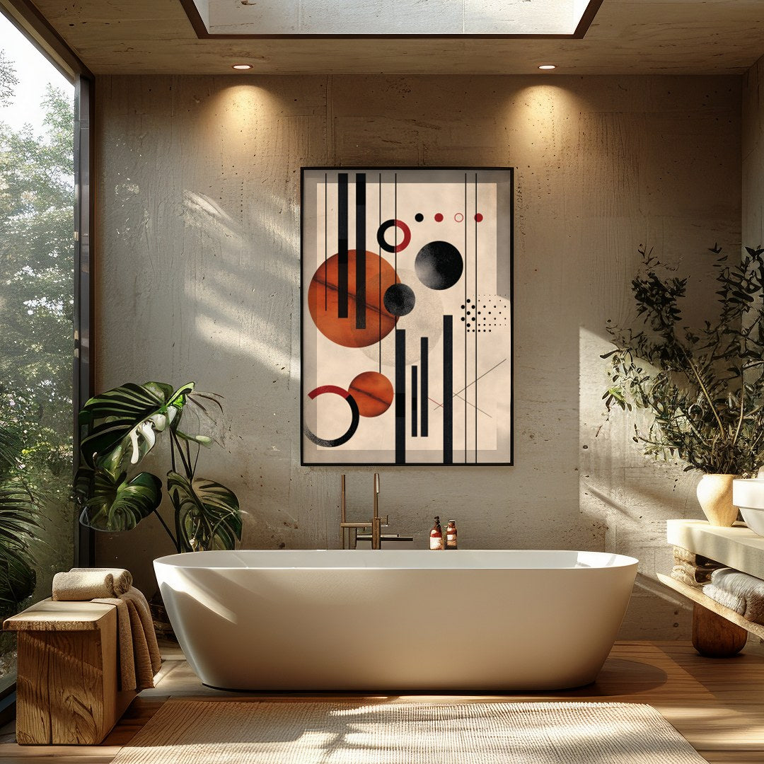This captivating piece blends geometric precision with artistic flair, featuring bold circles and for Bathroom