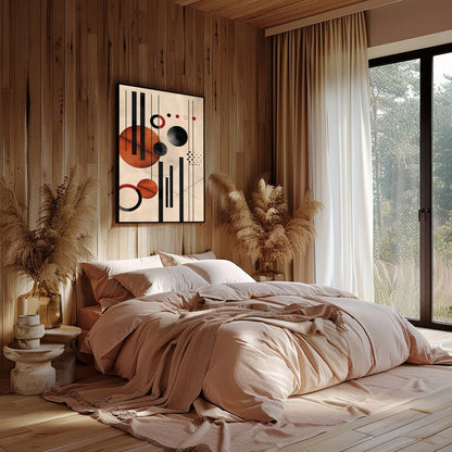 This captivating piece blends geometric precision with artistic flair, featuring bold circles and for Bedroom