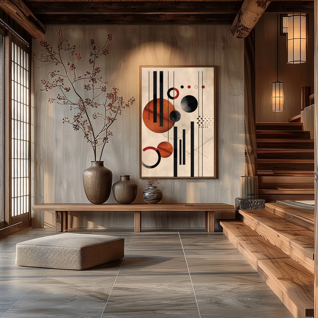 This captivating piece blends geometric precision with artistic flair, featuring bold circles and for Hall