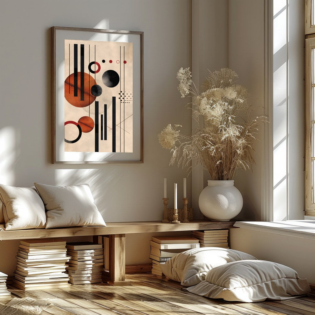 This captivating piece blends geometric precision with artistic flair, featuring bold circles and for hallway