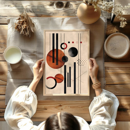This captivating piece blends geometric precision with artistic flair, featuring bold circles and for Kitchen