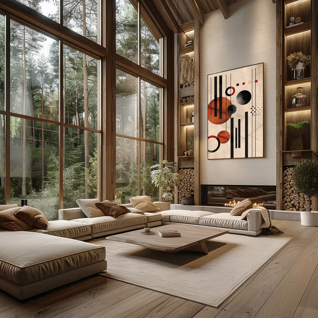 This captivating piece blends geometric precision with artistic flair, featuring bold circles and for Living Room