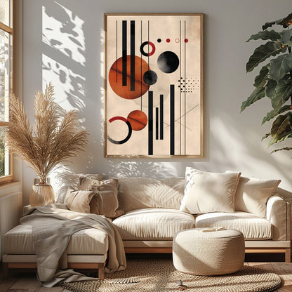 This captivating piece blends geometric precision with artistic flair, featuring bold circles and for Sitting Area