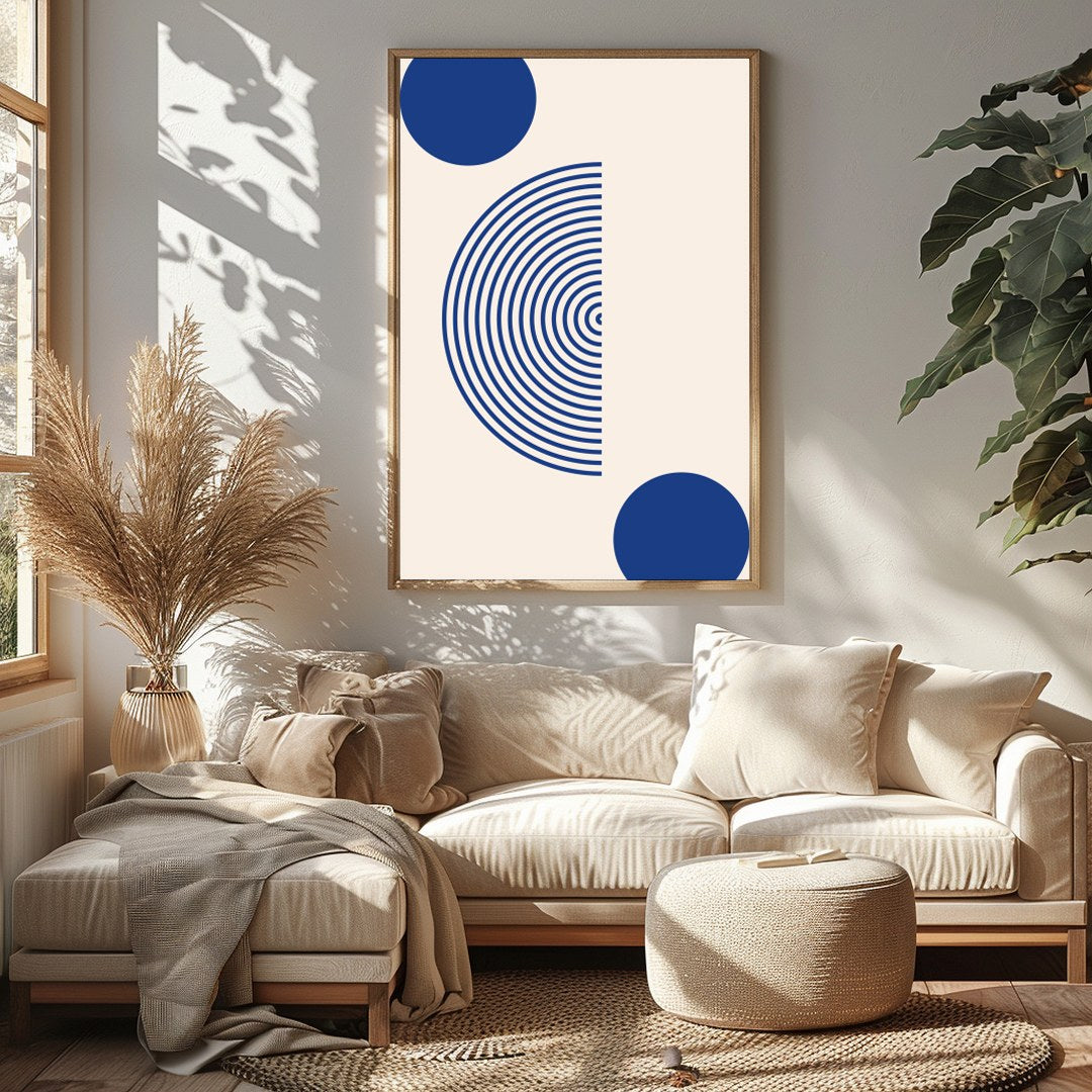 This stunning piece of wall art features an engaging interplay of geometric shapes, with deep blue for Sitting Area