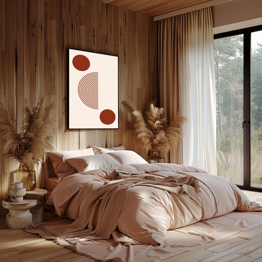 This minimalist artwork offers a striking balance with its concentric circles and bold solid dots, for Bedroom