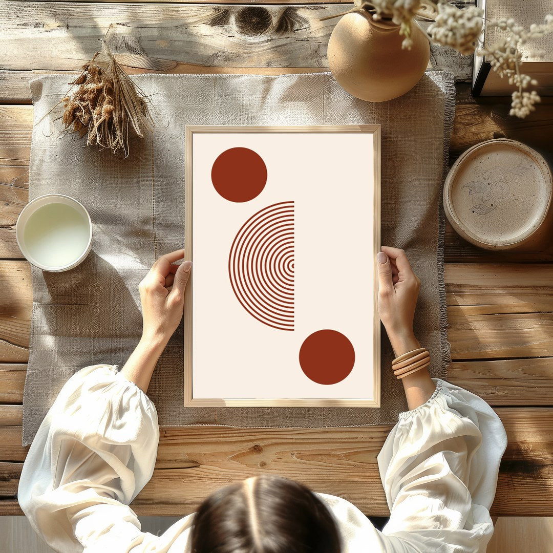 This minimalist artwork offers a striking balance with its concentric circles and bold solid dots, for decor