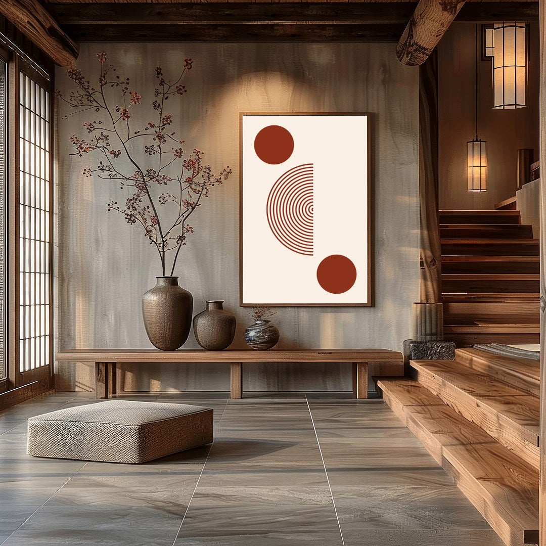 This minimalist artwork offers a striking balance with its concentric circles and bold solid dots, for Hall