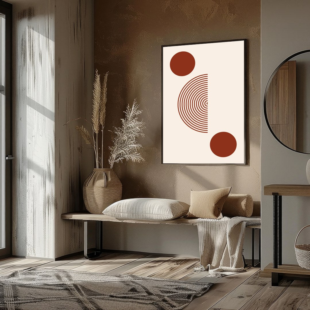 This minimalist artwork offers a striking balance with its concentric circles and bold solid dots, for kitchen