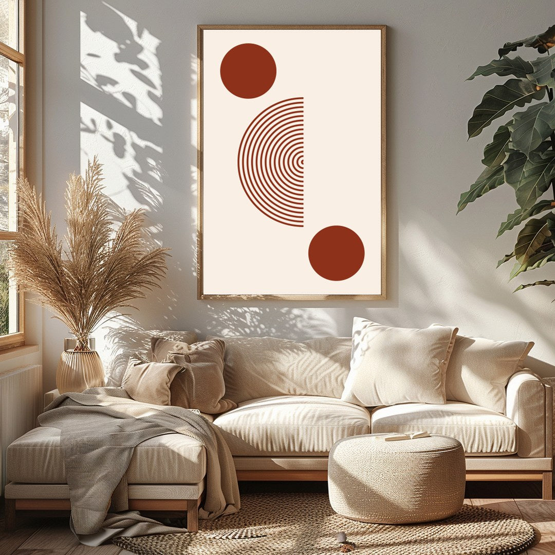 This minimalist artwork offers a striking balance with its concentric circles and bold solid dots, for Sitting Area