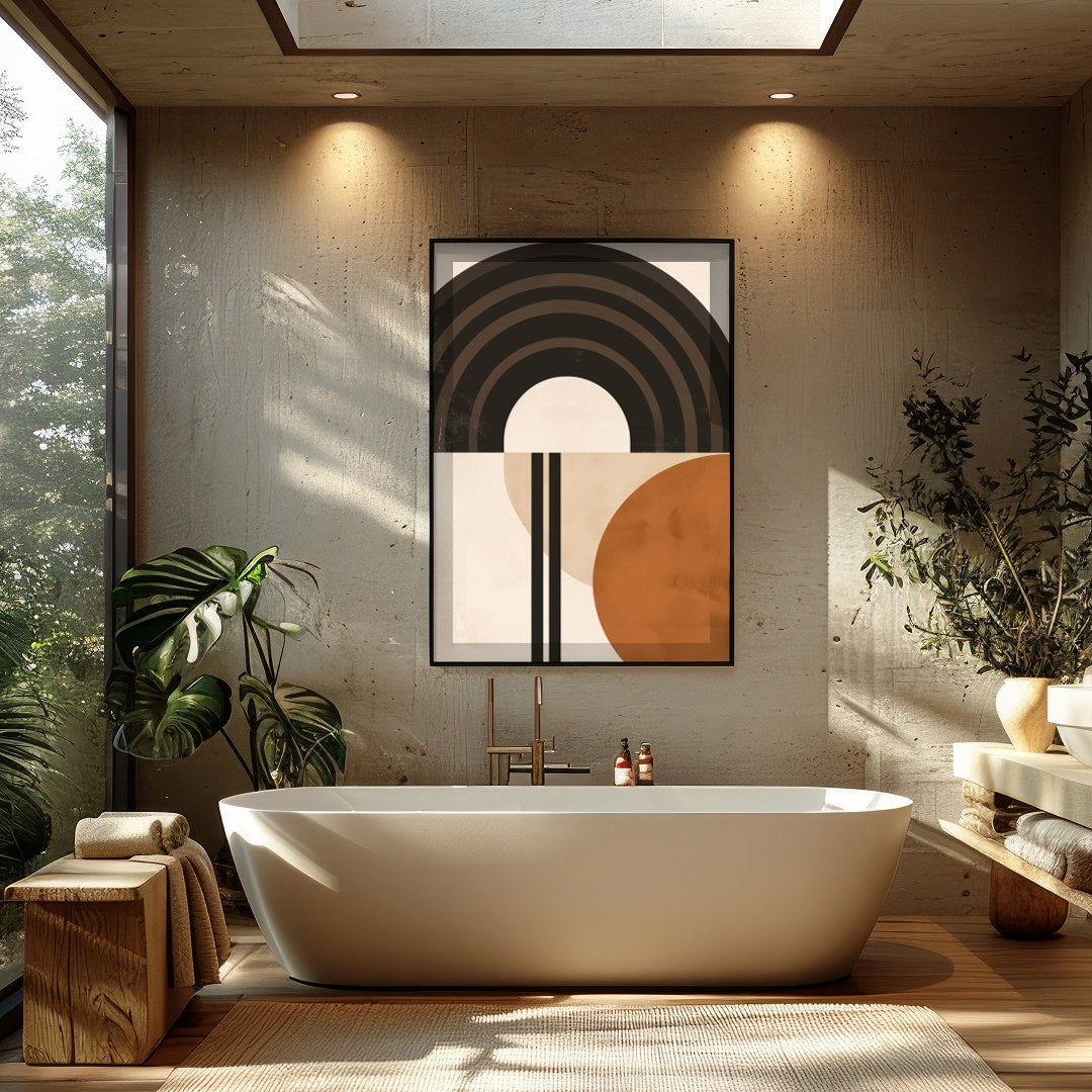This striking abstract piece combines bold geometric shapes with a palette of earthy tones. Perfect for Bathroom