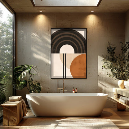 This striking abstract piece combines bold geometric shapes with a palette of earthy tones. Perfect for Bathroom
