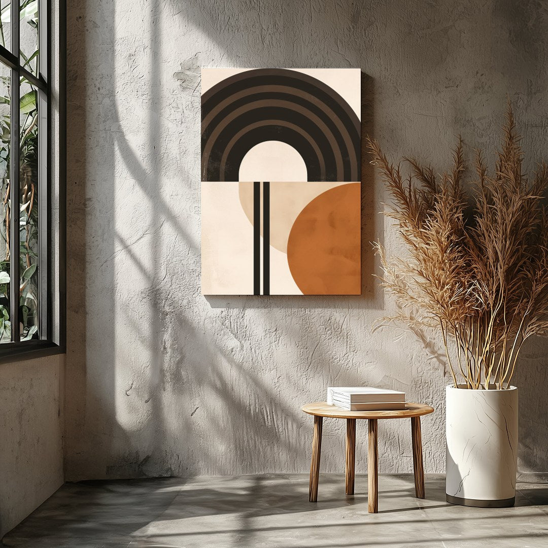 This striking abstract piece combines bold geometric shapes with a palette of earthy tones. Perfect for Entrance