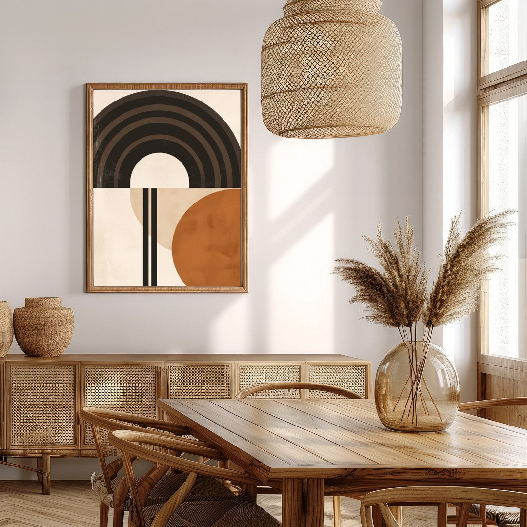 This striking abstract piece combines bold geometric shapes with a palette of earthy tones. Perfect for Extra Kitchen