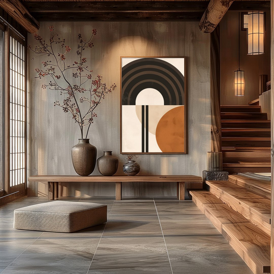 This striking abstract piece combines bold geometric shapes with a palette of earthy tones. Perfect for Hall