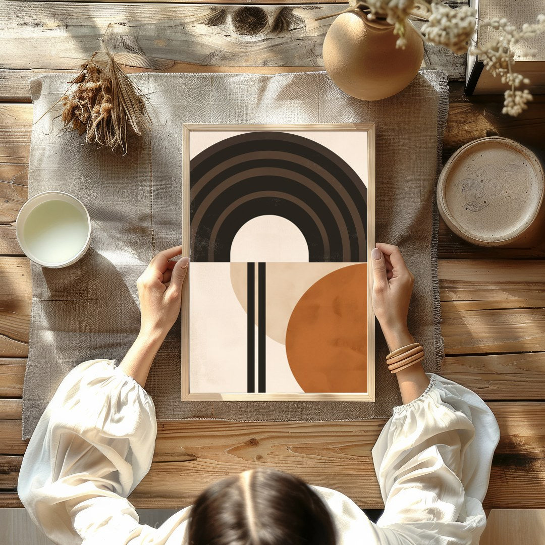 This striking abstract piece combines bold geometric shapes with a palette of earthy tones. Perfect for Kitchen