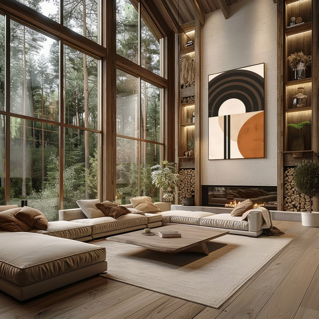 This striking abstract piece combines bold geometric shapes with a palette of earthy tones. Perfect for Living Room