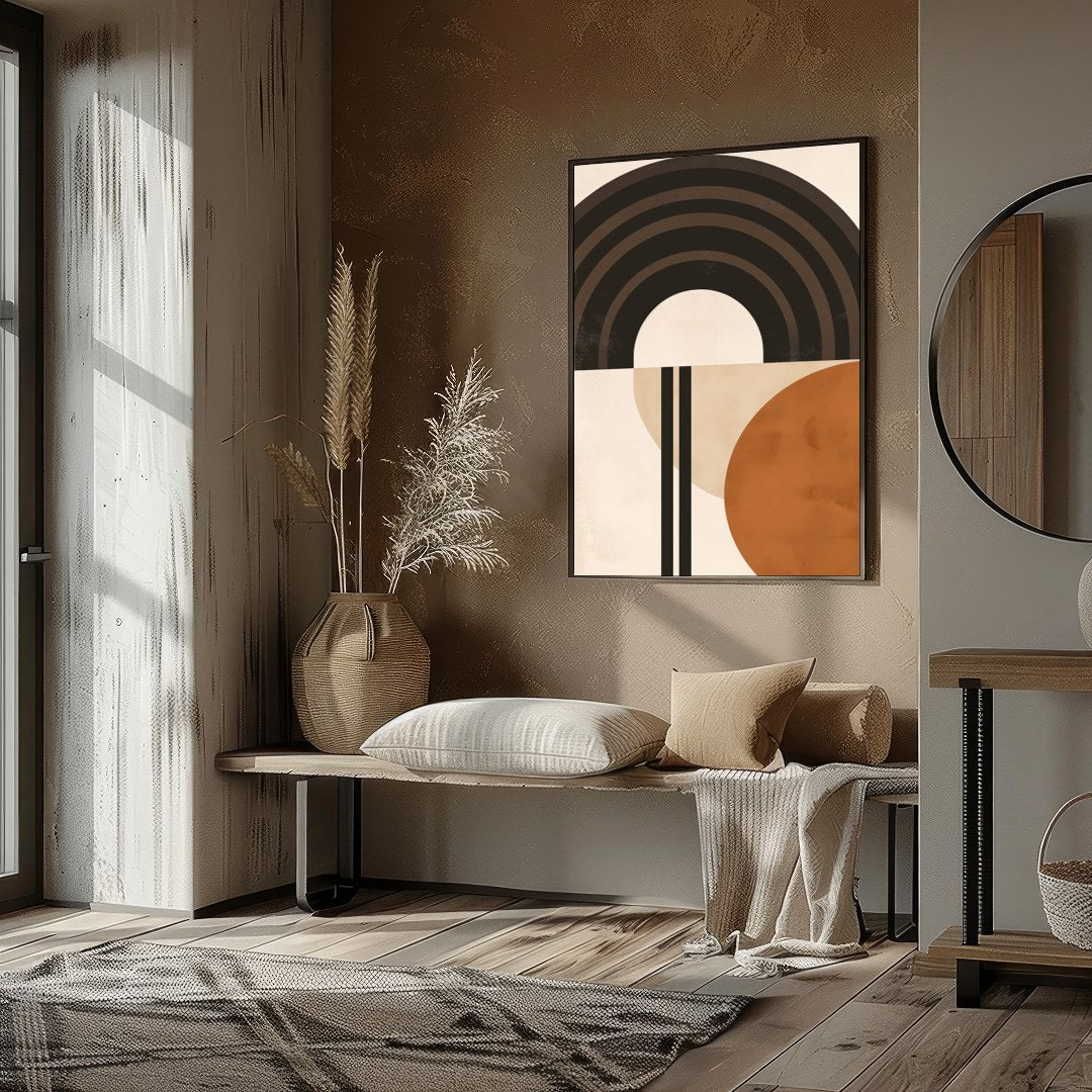 This striking abstract piece combines bold geometric shapes with a palette of earthy tones. Perfect for living-space